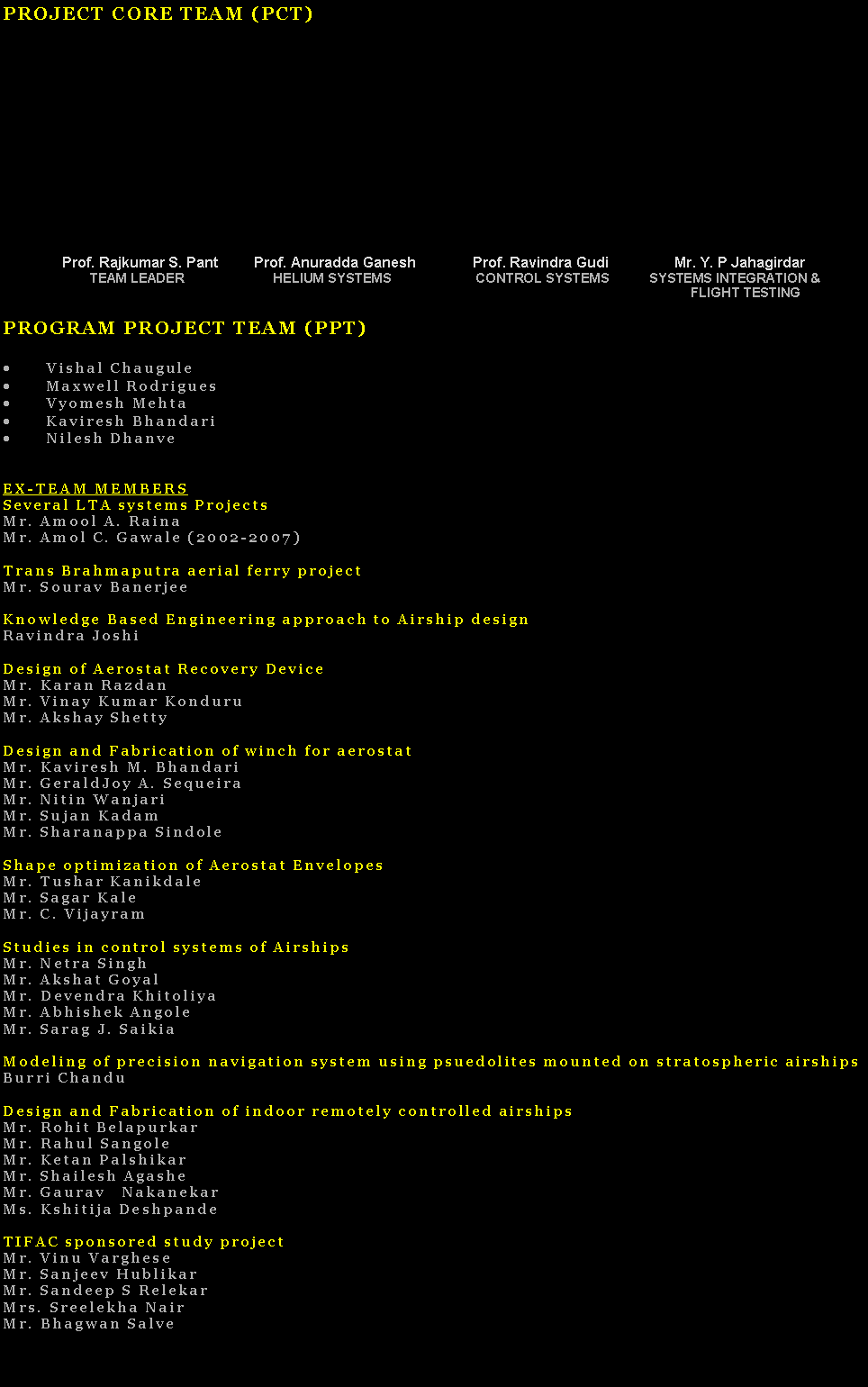 Text Box: PROJECT CORE TEAM (PCT)               Prof. Rajkumar S. Pant	         Prof. Anuradda Ganesh  	             Prof. Ravindra Gudi	      Mr. Y. P Jahagirdar		TEAM LEADER 		   HELIUM SYSTEMS	                       CONTROL SYSTEMS           SYSTEMS INTEGRATION &															           FLIGHT TESTINGPROGRAM PROJECT TEAM (PPT)Vishal ChauguleMaxwell Rodrigues Vyomesh MehtaKaviresh BhandariNilesh DhanveEX-TEAM MEMBERSSeveral LTA systems Projects Mr. Amool A. Raina  Mr. Amol C. Gawale (2002-2007)&nbsp;Trans Brahmaputra aerial ferry projectMr. Sourav Banerjee&nbsp;Knowledge Based Engineering approach to Airship designRavindra Joshi&nbsp;Design of Aerostat Recovery DeviceMr. Karan RazdanMr. Vinay Kumar KonduruMr. Akshay Shetty&nbsp;Design and Fabrication of winch for aerostatMr. Kaviresh M. BhandariMr. GeraldJoy A. SequeiraMr. Nitin WanjariMr. Sujan KadamMr. Sharanappa Sindole&nbsp;Shape optimization of Aerostat EnvelopesMr. Tushar KanikdaleMr. Sagar Kale
Mr. C. Vijayram&nbsp;Studies in control systems of AirshipsMr. Netra Singh
Mr. Akshat Goyal&nbsp; 
Mr. Devendra Khitoliya&nbsp;
Mr. Abhishek AngoleMr. Sarag J. Saikia&nbsp;Modeling of precision navigation system using psuedolites mounted on stratospheric airshipsBurri Chandu&nbsp;Design and Fabrication of indoor remotely controlled airshipsMr. Rohit Belapurkar&nbsp;
Mr. Rahul Sangole
Mr. Ketan Palshikar
Mr. Shailesh Agashe
Mr. Gaurav&nbsp;&nbsp; Nakanekar&nbsp;
Ms. Kshitija Deshpande&nbsp;&nbsp;TIFAC sponsored study projectMr. Vinu Varghese
Mr. Sanjeev HublikarMr. Sandeep S RelekarMrs. Sreelekha Nair
Mr. Bhagwan Salve