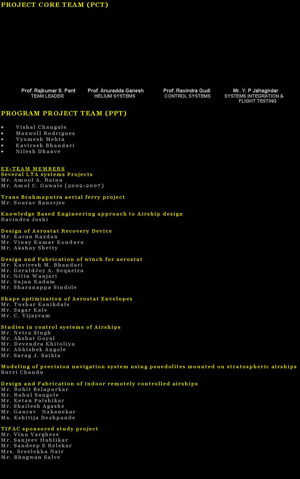 Text Box: PROJECT CORE TEAM (PCT)               Prof. Rajkumar S. Pant	         Prof. Anuradda Ganesh  	             Prof. Ravindra Gudi	      Mr. Y. P Jahagirdar		TEAM LEADER 		   HELIUM SYSTEMS	                       CONTROL SYSTEMS           SYSTEMS INTEGRATION &															           FLIGHT TESTINGPROGRAM PROJECT TEAM (PPT)Vishal ChauguleMaxwell Rodrigues Vyomesh MehtaKaviresh BhandariNilesh DhanveEX-TEAM MEMBERSSeveral LTA systems Projects Mr. Amool A. Raina  Mr. Amol C. Gawale (2002-2007) Trans Brahmaputra aerial ferry projectMr. Sourav Banerjee Knowledge Based Engineering approach to Airship designRavindra Joshi Design of Aerostat Recovery DeviceMr. Karan RazdanMr. Vinay Kumar KonduruMr. Akshay Shetty Design and Fabrication of winch for aerostatMr. Kaviresh M. BhandariMr. GeraldJoy A. SequeiraMr. Nitin WanjariMr. Sujan KadamMr. Sharanappa Sindole Shape optimization of Aerostat EnvelopesMr. Tushar KanikdaleMr. Sagar Kale
Mr. C. Vijayram Studies in control systems of AirshipsMr. Netra Singh
Mr. Akshat Goyal  
Mr. Devendra Khitoliya 
Mr. Abhishek AngoleMr. Sarag J. Saikia Modeling of precision navigation system using psuedolites mounted on stratospheric airshipsBurri Chandu Design and Fabrication of indoor remotely controlled airshipsMr. Rohit Belapurkar 
Mr. Rahul Sangole
Mr. Ketan Palshikar
Mr. Shailesh Agashe
Mr. Gaurav   Nakanekar 
Ms. Kshitija Deshpande  TIFAC sponsored study projectMr. Vinu Varghese
Mr. Sanjeev HublikarMr. Sandeep S RelekarMrs. Sreelekha Nair
Mr. Bhagwan Salve